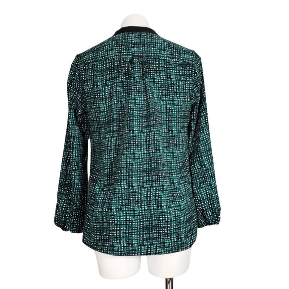 Cynthia Rowley Teal Black Abstract Grid Blouse Faux Leather Trim Split Neck Top - Picture 4 of 5